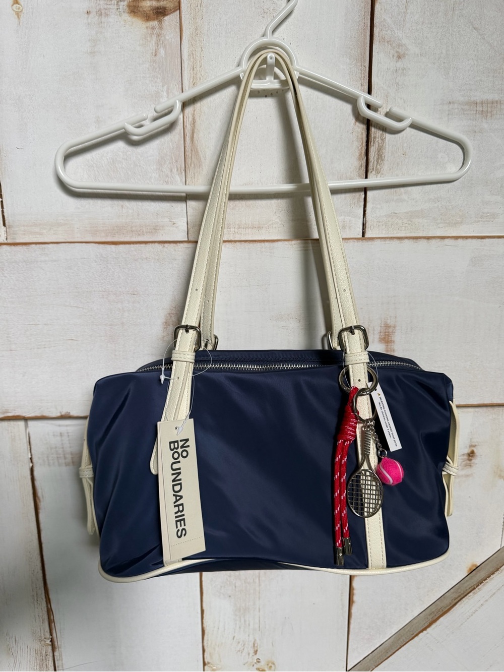 Navy and Cream Women's Shoulder Bag with Key Charm